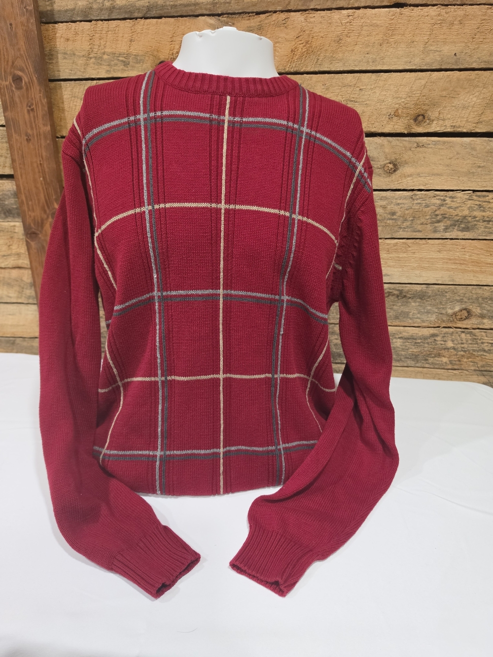 Oscar de la Renta Red Plaid Crewneck Sweater Size Large 100% Cotton